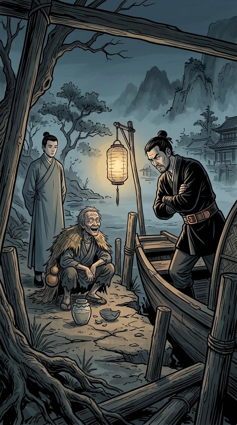 同一幕場景插圖，瞎眼老丐披破草蓑掛酒葫蘆、白三爺穿黑綢短褂繫銅扣寬帶