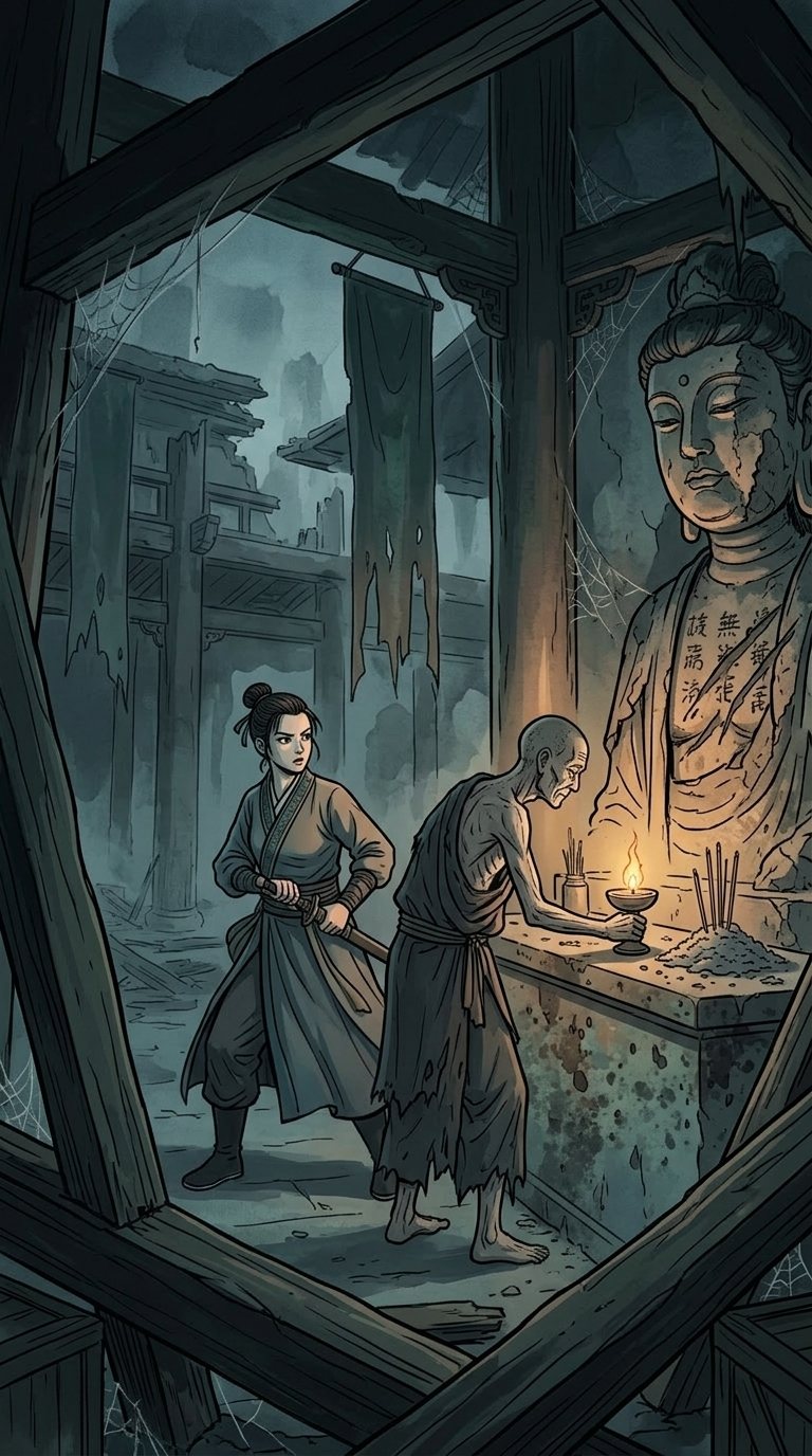 破廟老僧放燈，水墨插畫畫風