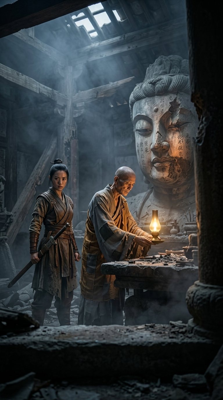 破廟老僧放燈，武俠寫實畫風
