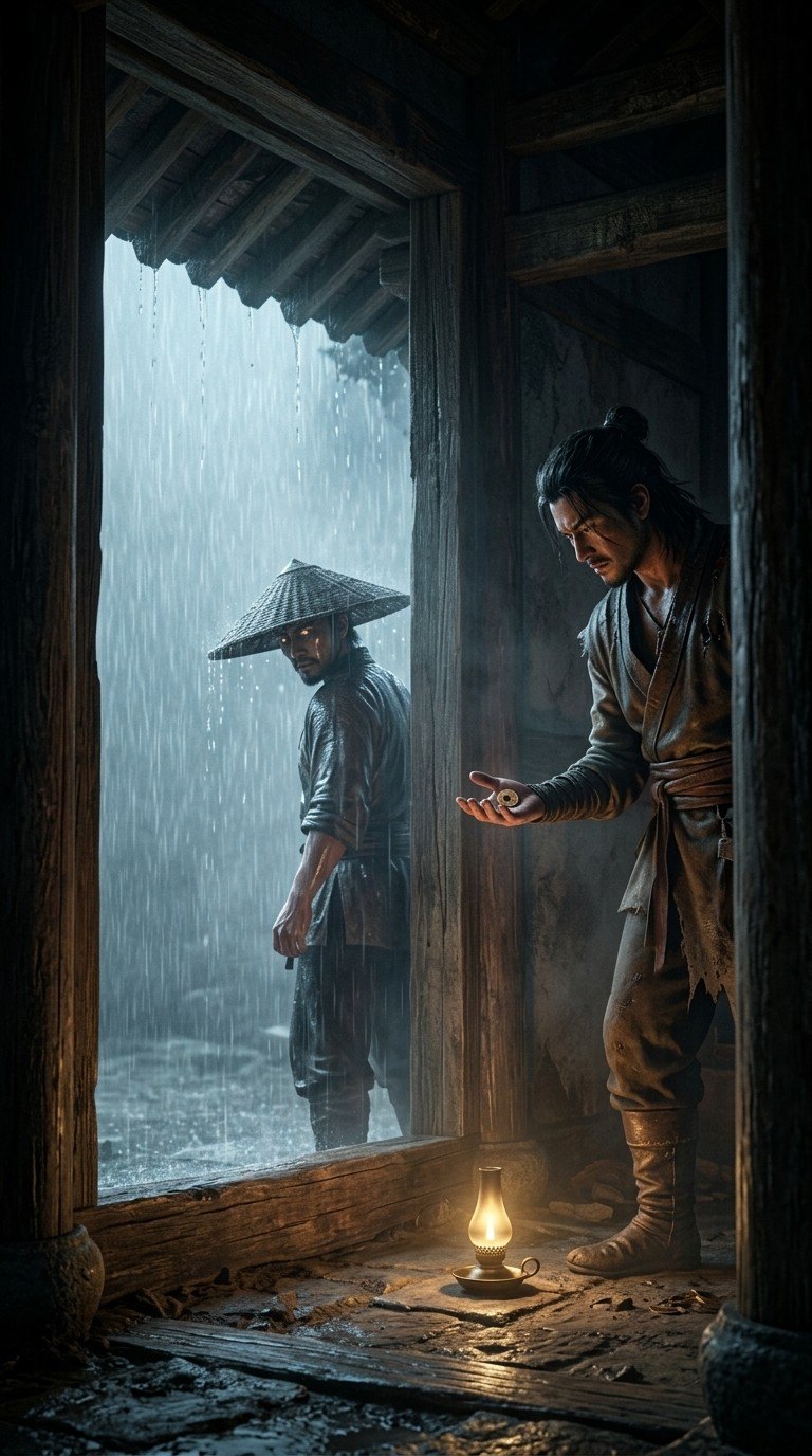 雨夜門口，斗笠客站在雨裡，屋裡的人攤開掌心那枚銅錢