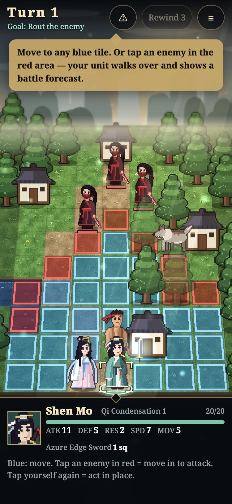 Mortal Bones turn-based tactics battle on a grid: blue tiles show where your cultivator can move and red tiles mark the enemy's reach, with Shen Mo's stats shown at Qi Condensation 1.